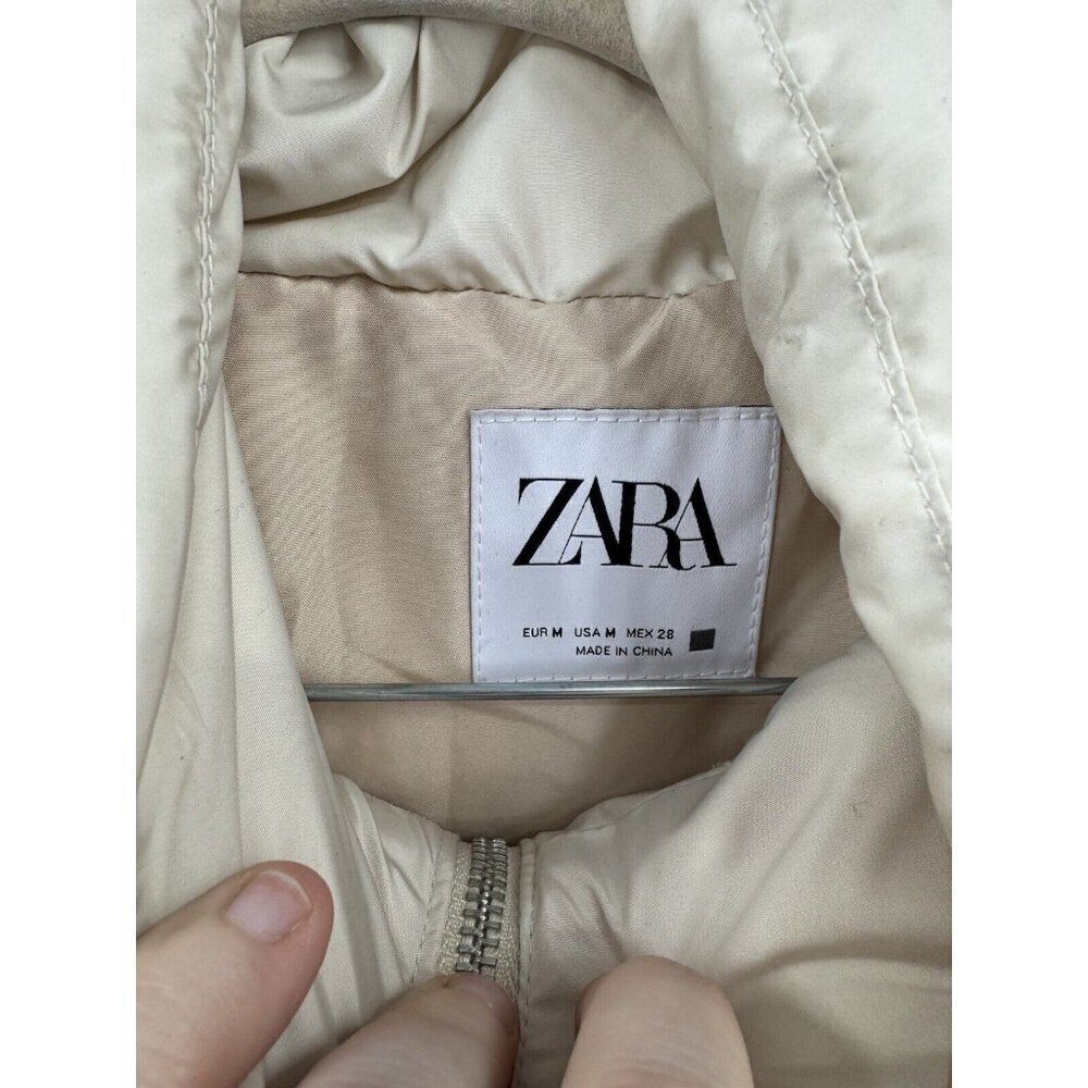 Zara Puffer Jacket Women Medium Beige Cropped Preppy Minimalist Full Zip - Picture 3 of 13